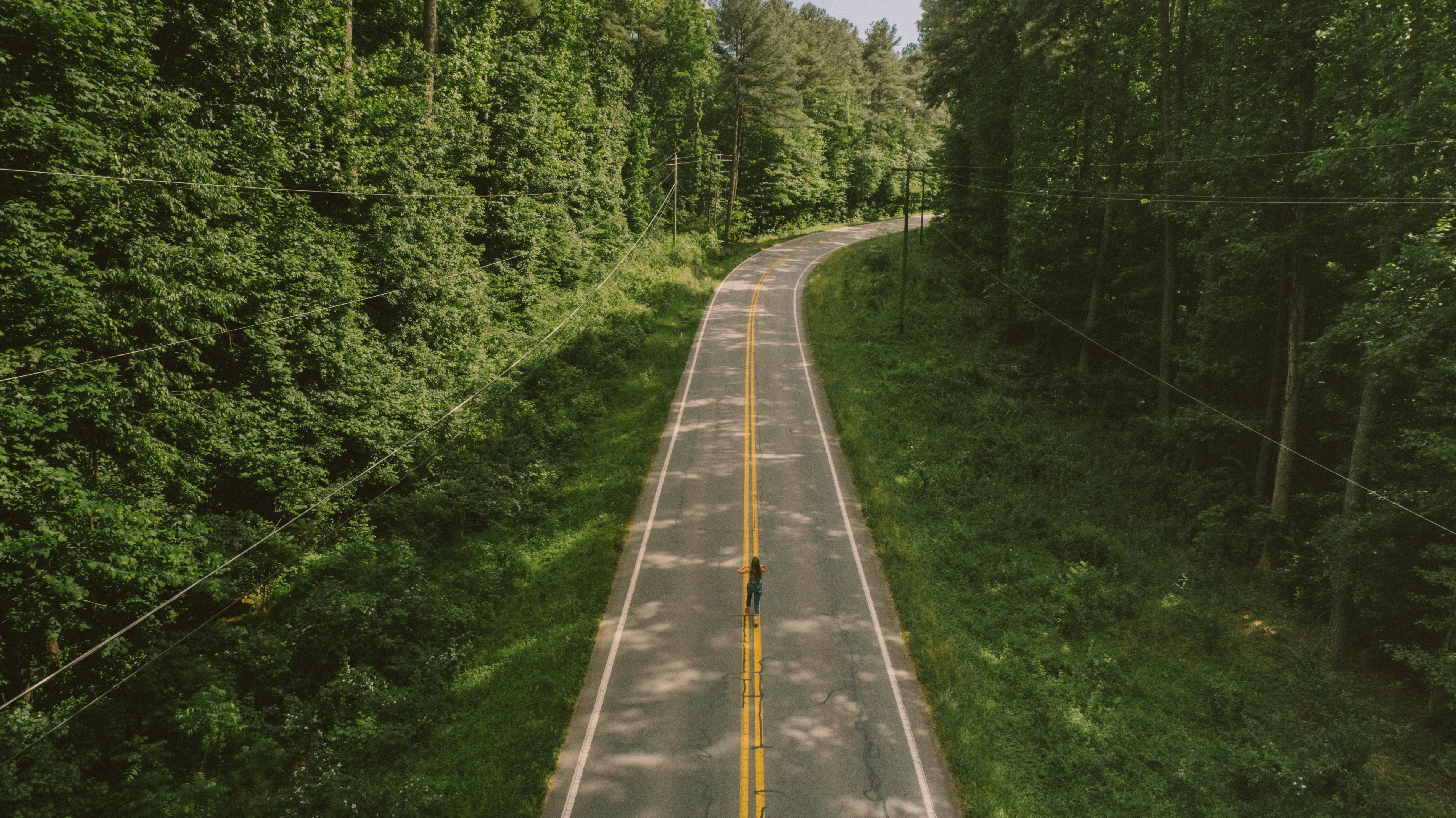 An aerial view of a road winding through a dense forest in the spring.